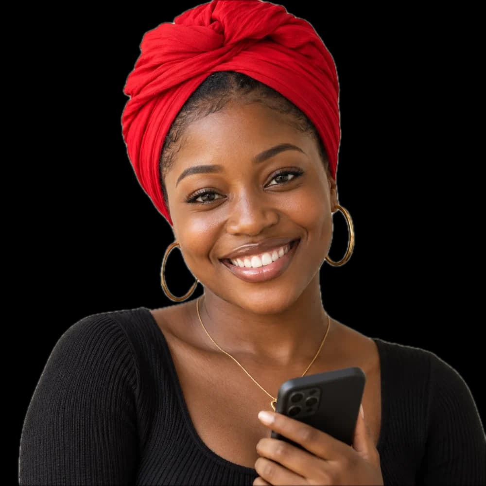A creator smiling with her phone